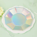 25-Pack Paper 7.5" Decagon Dessert Plates in Iridescent - Disposable Holographic Salad Plates for Starry Night & Fairytale Parties