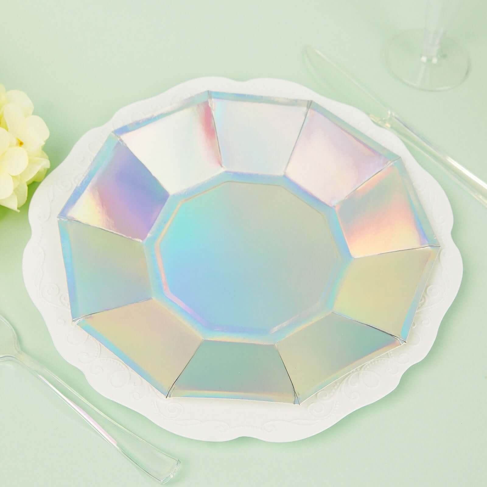 25-Pack Paper 7.5" Decagon Dessert Plates in Iridescent - Disposable Holographic Salad Plates for Starry Night & Fairytale Parties