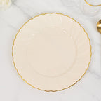 10-Pack Plastic 10" Round Dinner Plates in Ivory with Gold Flair Rim - Disposable Party Plates