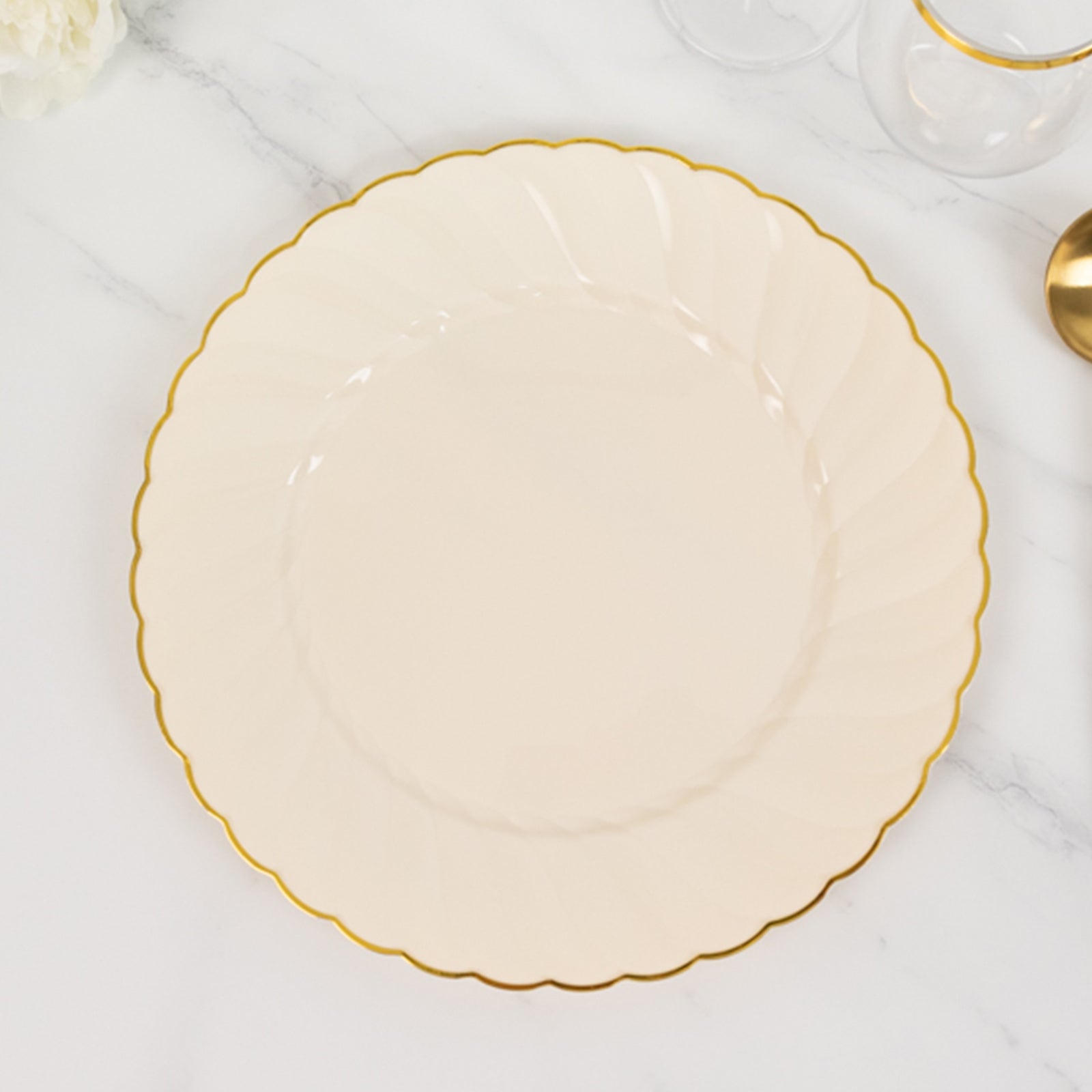 10-Pack Plastic 10" Round Dinner Plates in Ivory with Gold Flair Rim - Disposable Party Plates