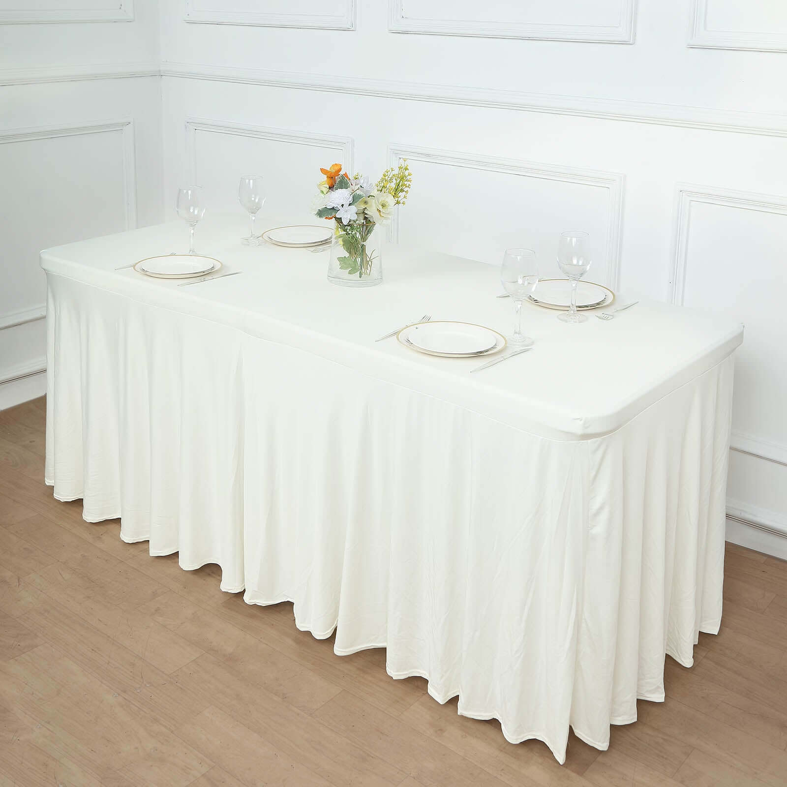 Spandex Rectangle 72"x30" Table Skirt Ivory with Wavy Skirt-Like Effect Table Cover