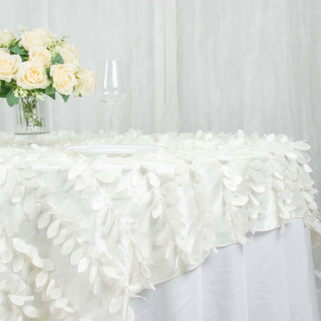 Taffeta 72"x72" Table Overlay Square Tablecloth Ivory - 3D Leaf Petal Table Cover