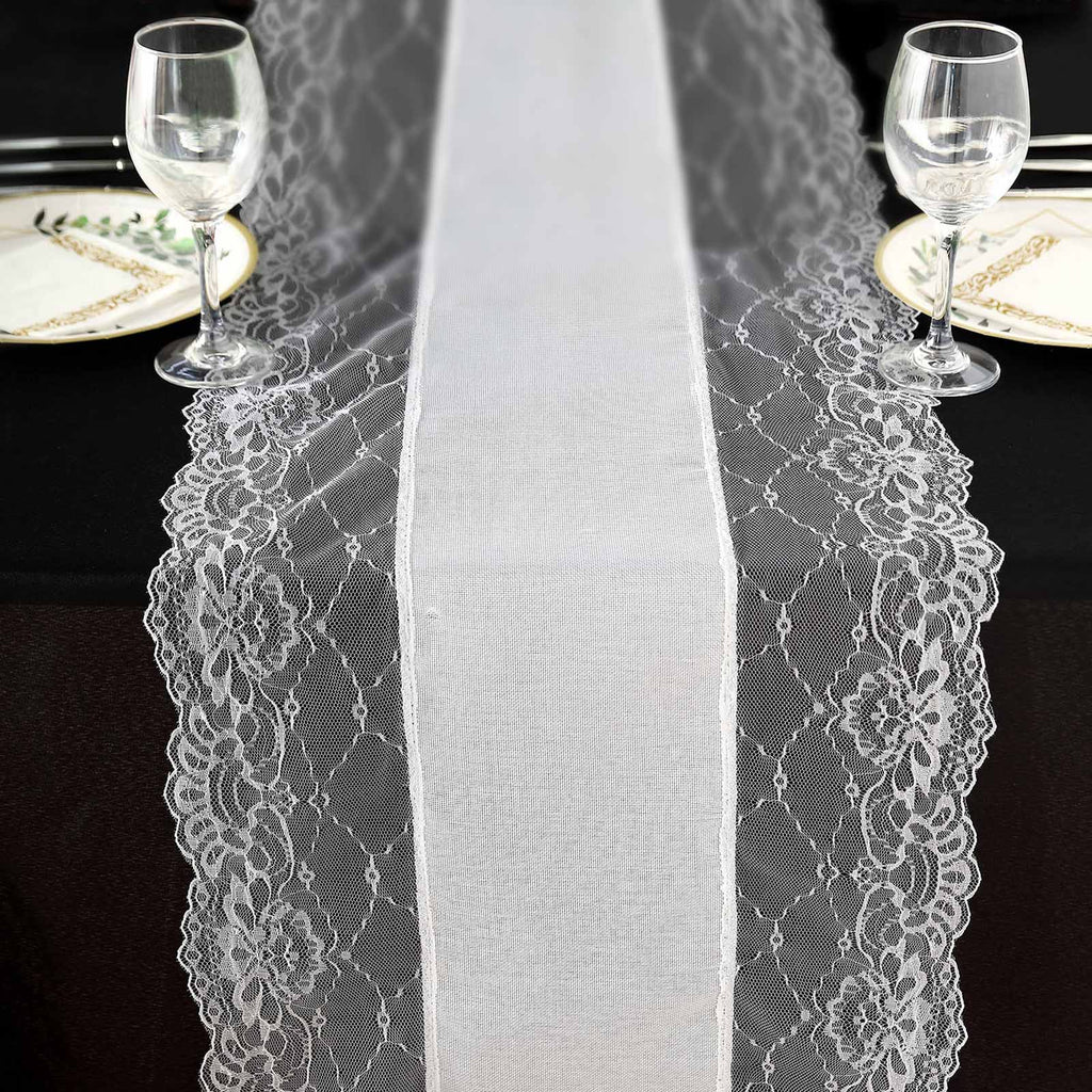 Faux Burlap Jute 16"x108" Table Runner White With Lace Edging - Rustic Farmhouse Table Linen