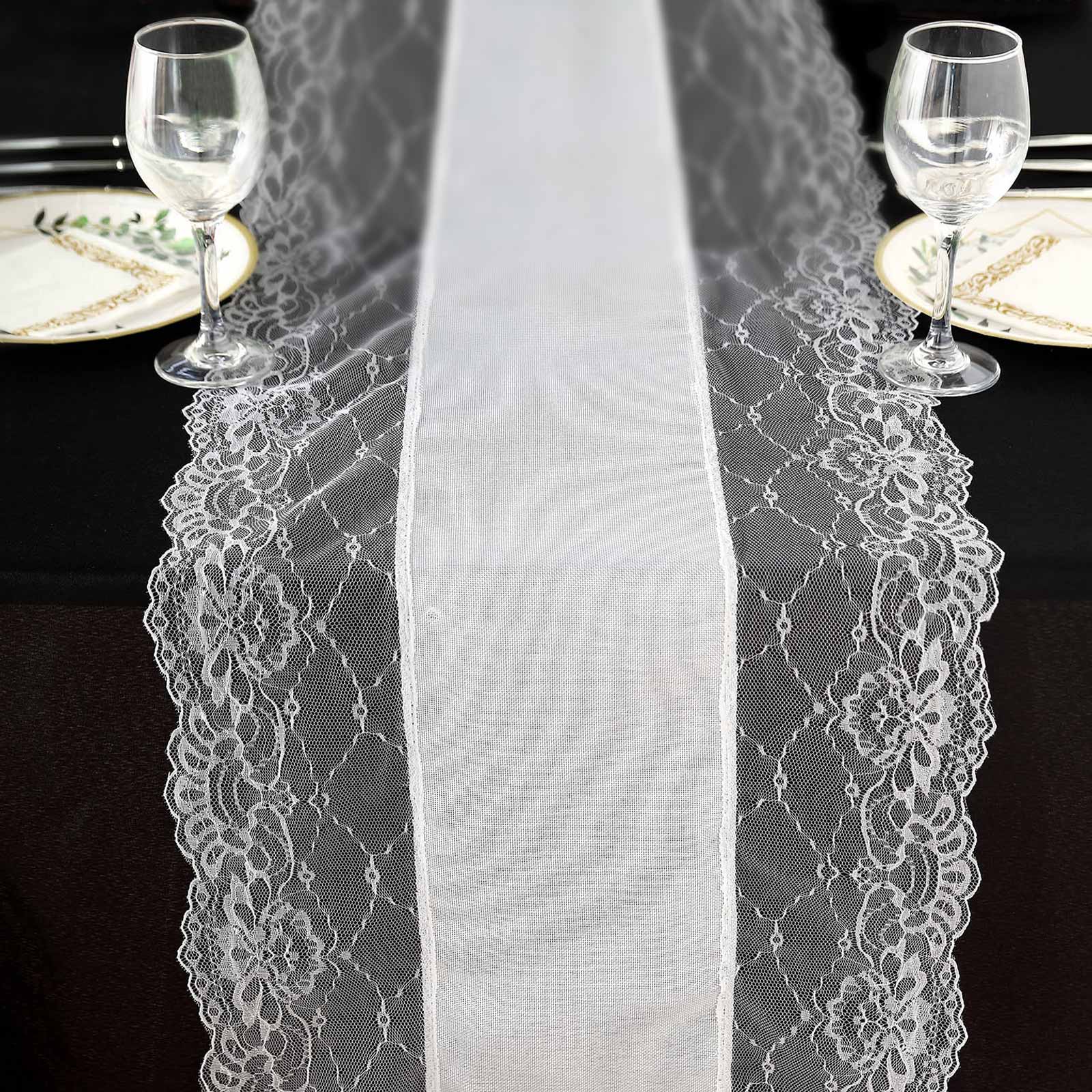 Faux Burlap Jute 16"x108" Table Runner White With Lace Edging - Rustic Farmhouse Table Linen