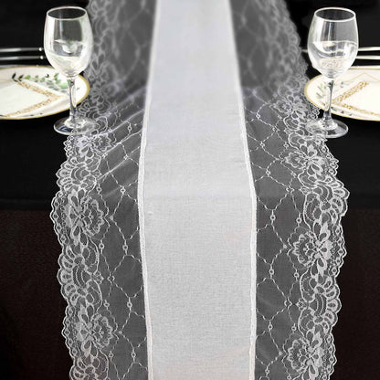 Faux Burlap Jute 16"x108" Table Runner White With Lace Edging - Rustic Farmhouse Table Linen