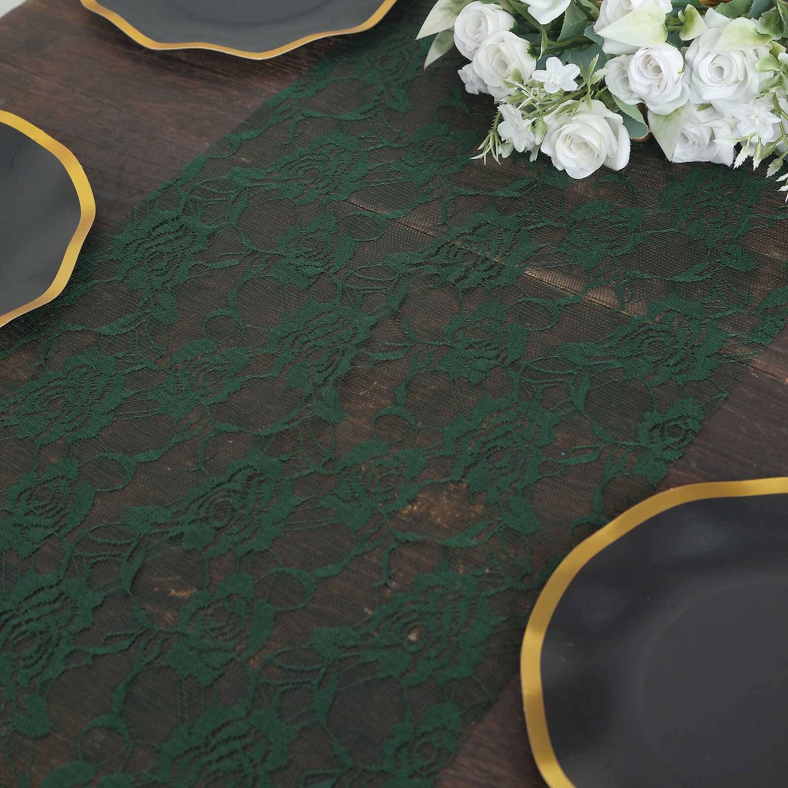 Lace 12"x108" Table Runner Hunter Emerald Green - Vintage Rose Pattern Table Decor