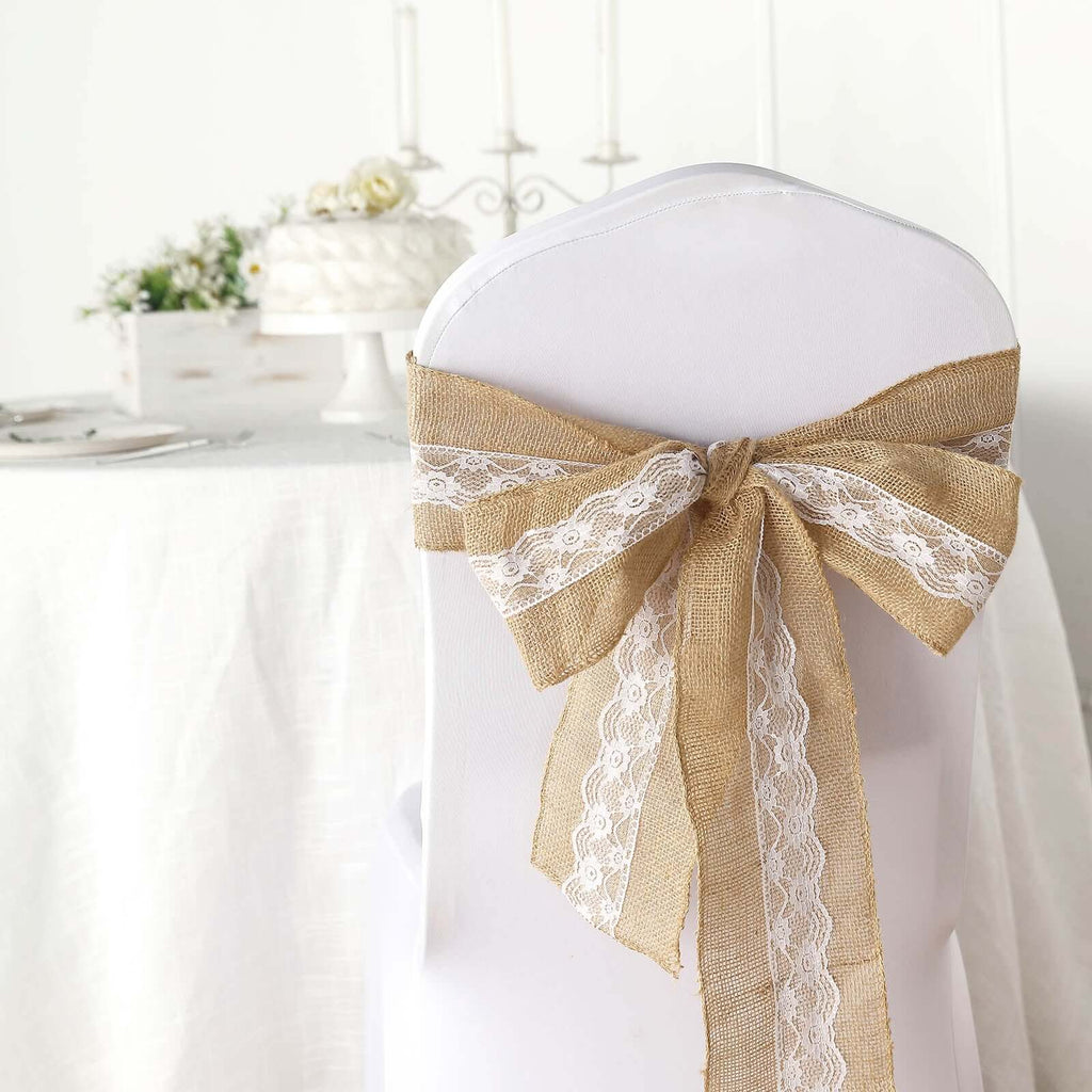 Natural Burlap Chair Sash 5"x108" with Lace Hessian Jute - Rustic Bow Design for Weddings & Gatherings