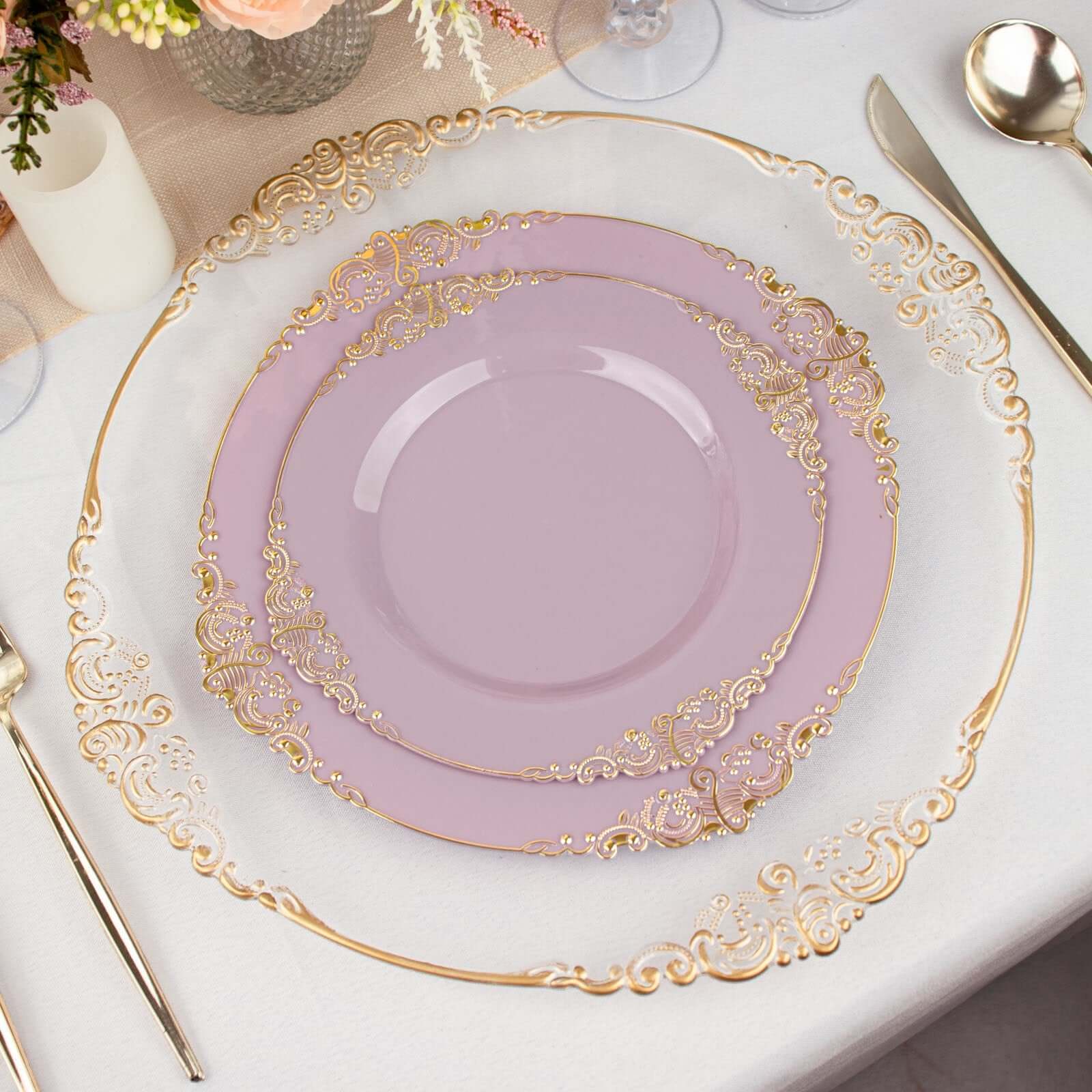 10-Pack Plastic 10" Round Dinner Plates in Lavender Lilac with Gold Leaf Embossed Rim - Disposable Vintage Baroque Style Plates