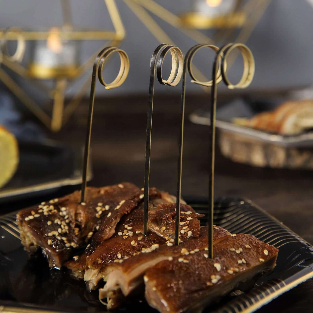 100-Pack Bamboo Cocktail Sticks Black Loop Ring Decorative Top Design - Eco Friendly Party Picks 5"