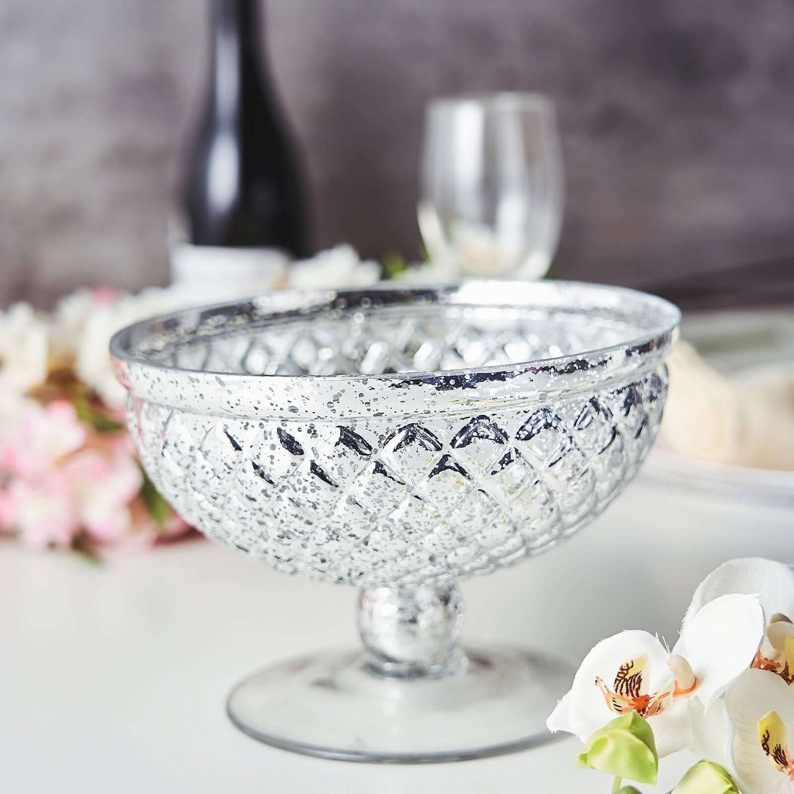 Mercury Glass Pedestal Bowl Vase Compote Style Silver - Sophisticated Floral Table Decor for Events 8"