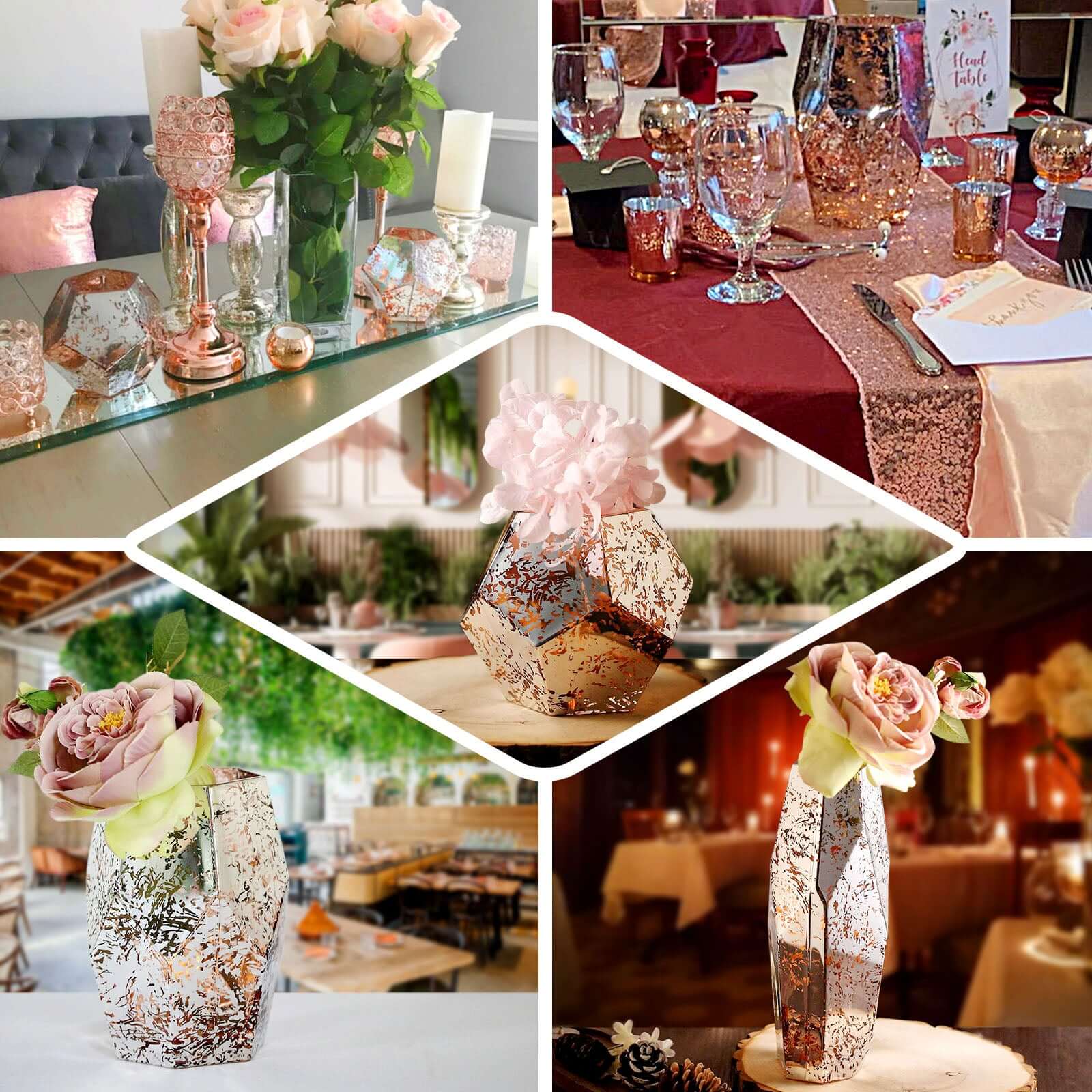 2-Pack Mercury Glass Vases Pentagon Design Silver Rose Gold - Decorative Candle Holder Centerpieces 8"