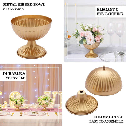 2-Pack Metal Pedestal Flower Vases Ribbed Bowl Style Gold - Antique Mini Compote Vase for Sophisticated Wedding Centerpieces 4"