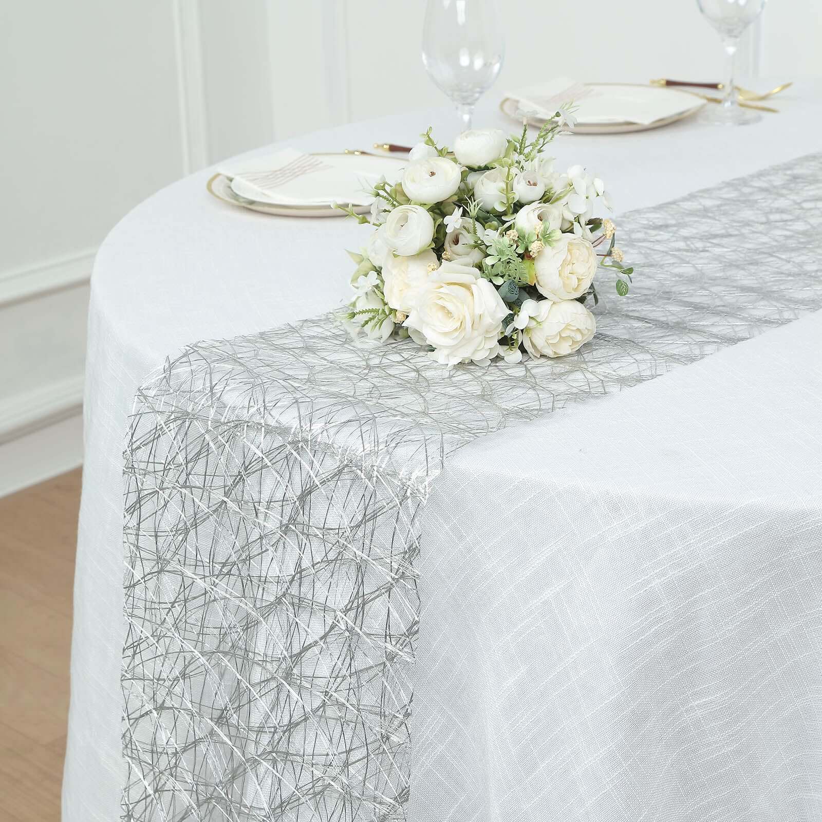 Polyester 12"x108" Table Runner Metallic Silver Disposable Non-Woven Fiber Roll - Stylish & Chic Table Decor