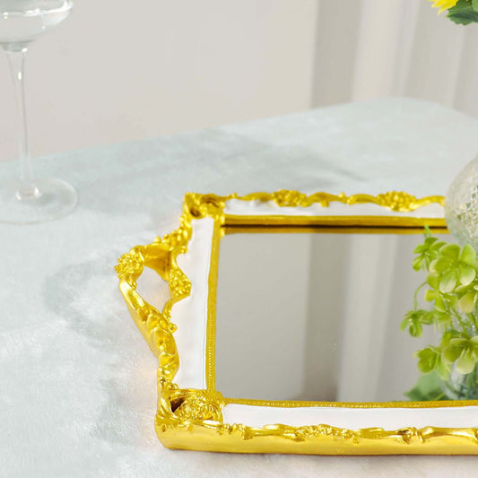 Resin Mirrored Rectangle Serving Tray 15"x10" in White with Gold Baroque Design, Stylish Decorative Vanity Tray Centerpiece