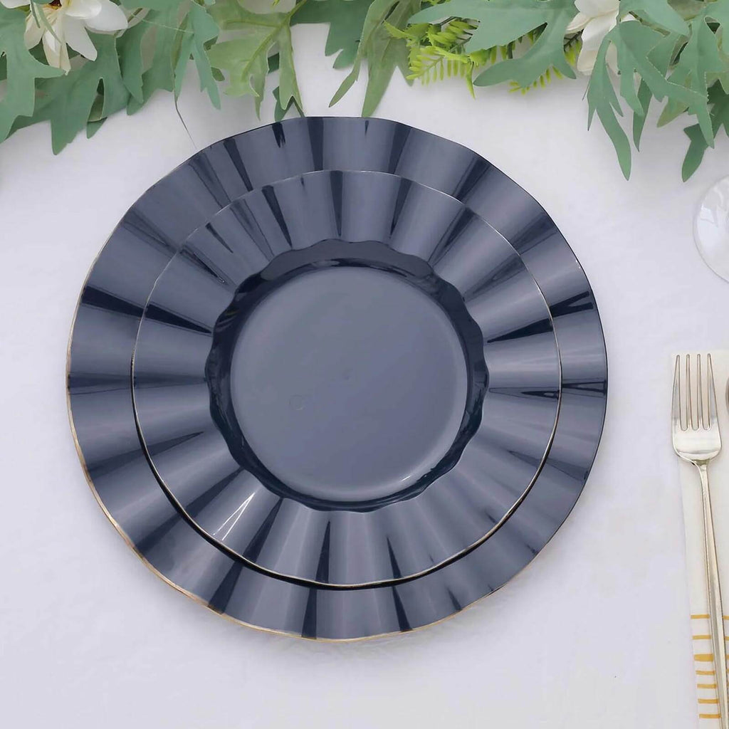 10-Pack Plastic 9" Round Dinner Plates in Navy Blue Ruffled Rim with Gold Edging - Sturdy Disposable Dinnerware