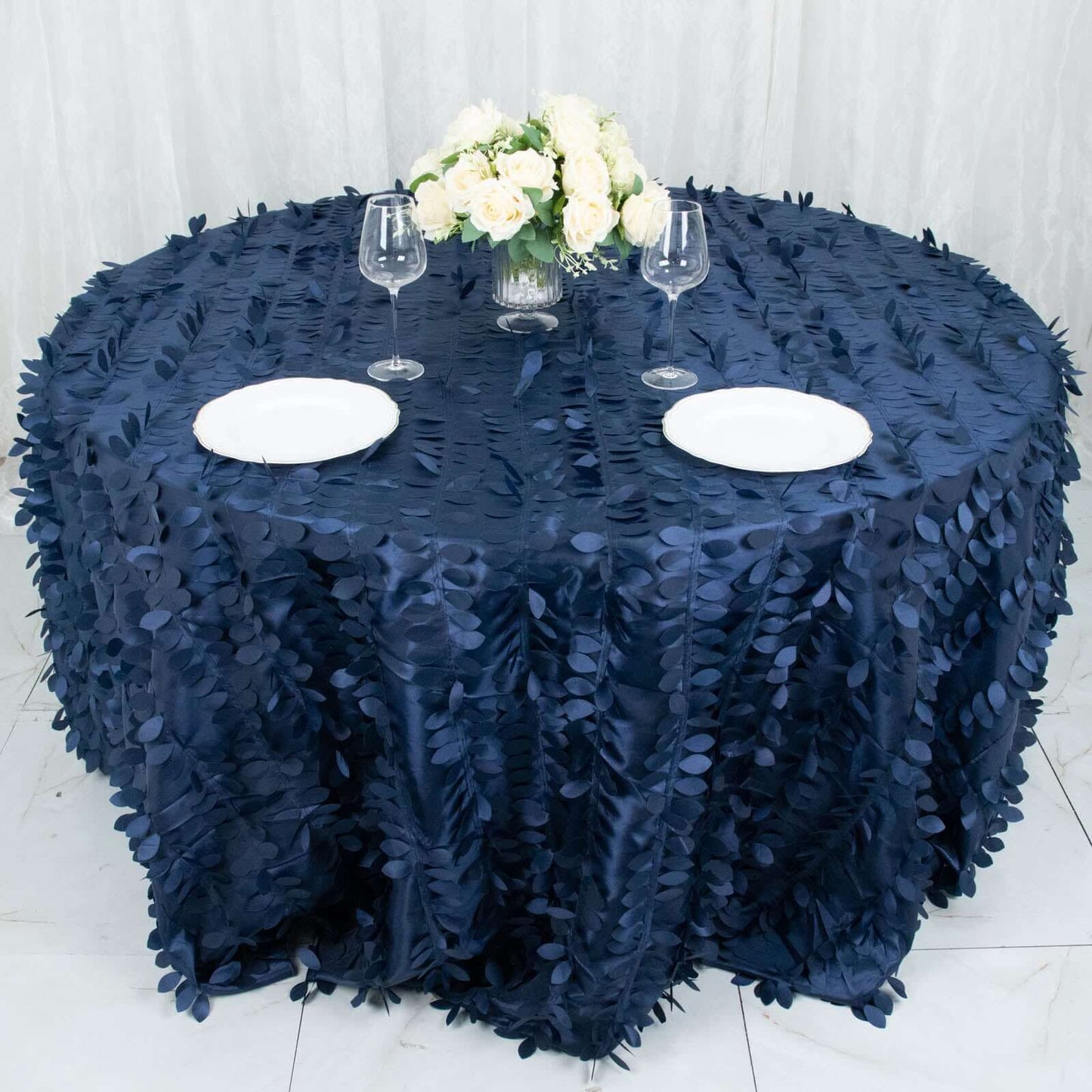 Taffeta 132" Round Tablecloth Navy Blue | 3D Leaf Petal Design Seamless Table Cover