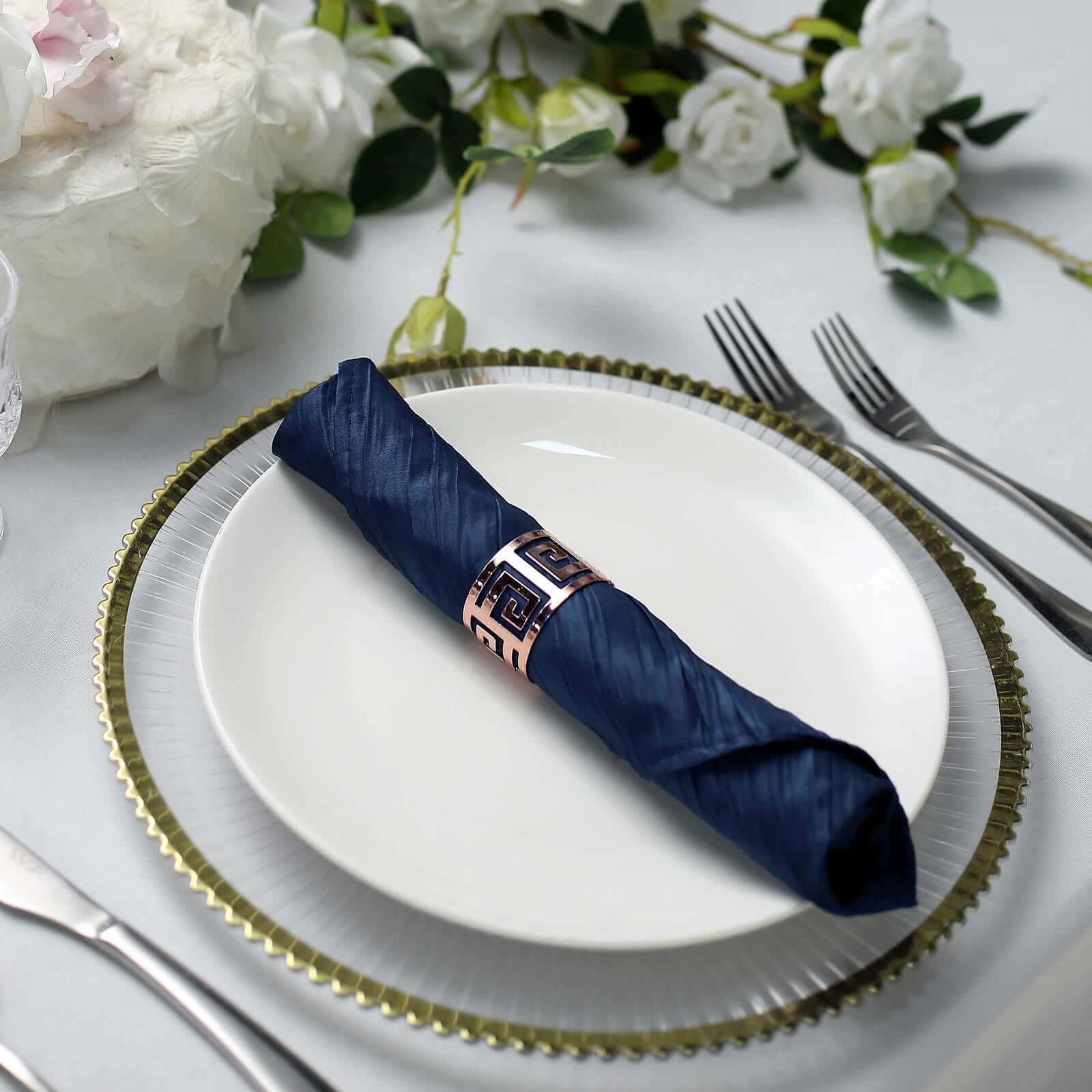5 Pack Taffeta 20"x20" Napkins Navy Blue - Accordion Crinkle Dinner Napkins