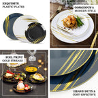 10-Pack Plastic 10" Round Dinner Plates in Navy Blue with Gold Brush Stroked Print - Disposable Party Dinnerware