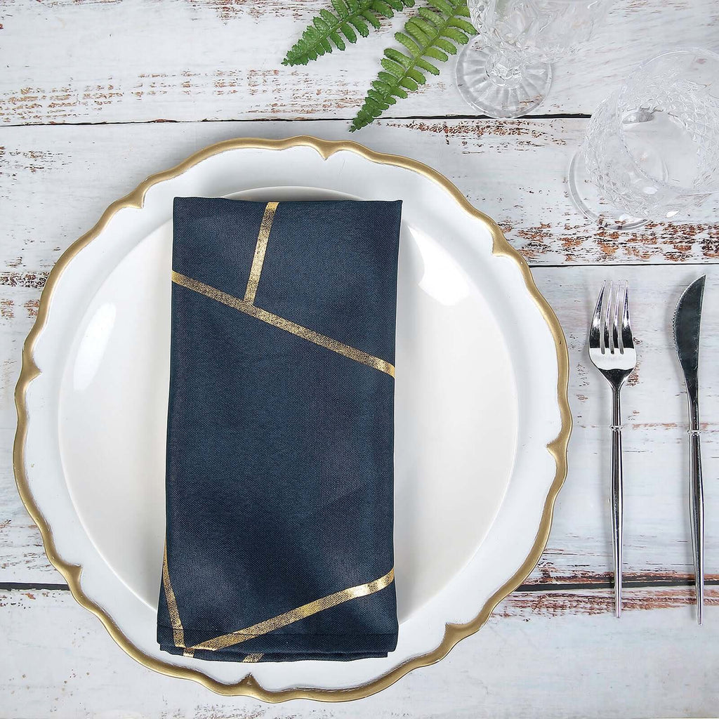 5 Pack Polyester 20"x20" Napkins Navy Blue with Gold Geometric Foil Pattern - Modern Reusable Dinner Napkins