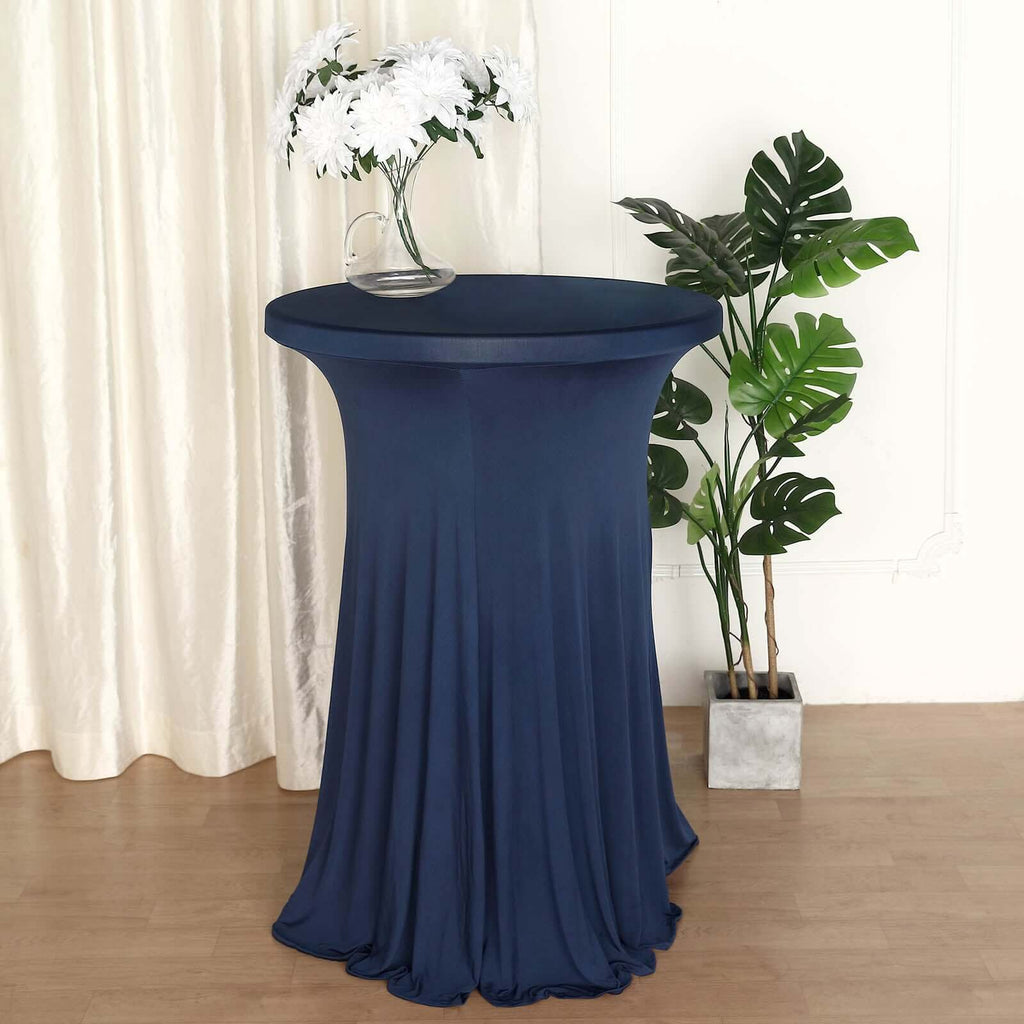 Spandex 30" Round Cocktail Table Cover Skirt Navy Blue With Natural Wavy Drapes