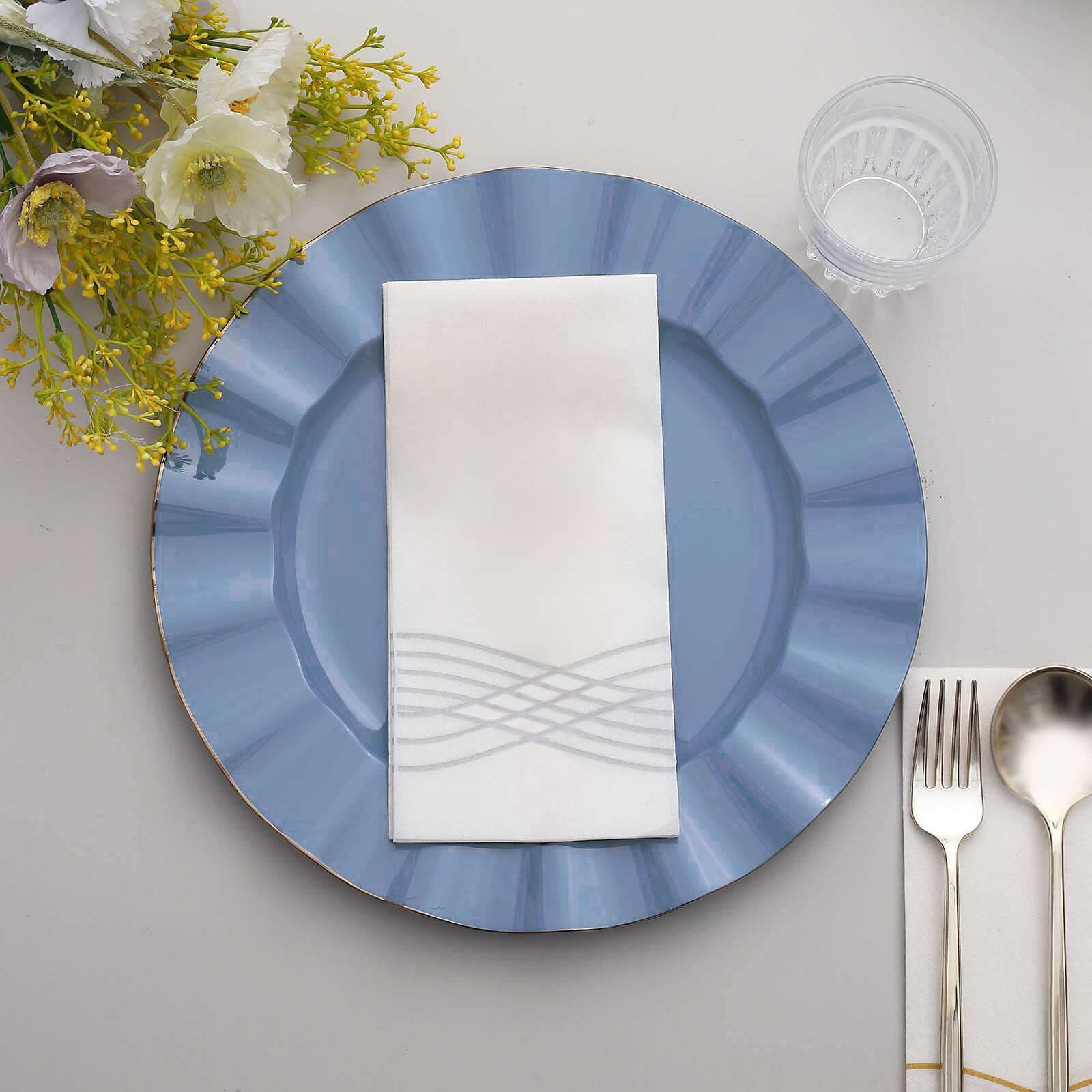 10-Pack Plastic 11" Round Dinner Plates in Ocean Blue Ruffled Rim with Gold Edging - Sturdy Disposable Dinnerware