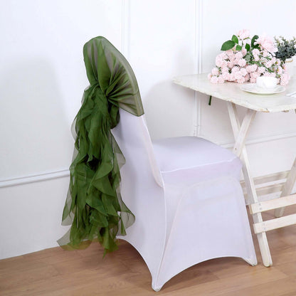 1 Set Chiffon Hoods Chair Sashes with Willow Ruffles Design Olive Green - Stylish Chair Bow Decor