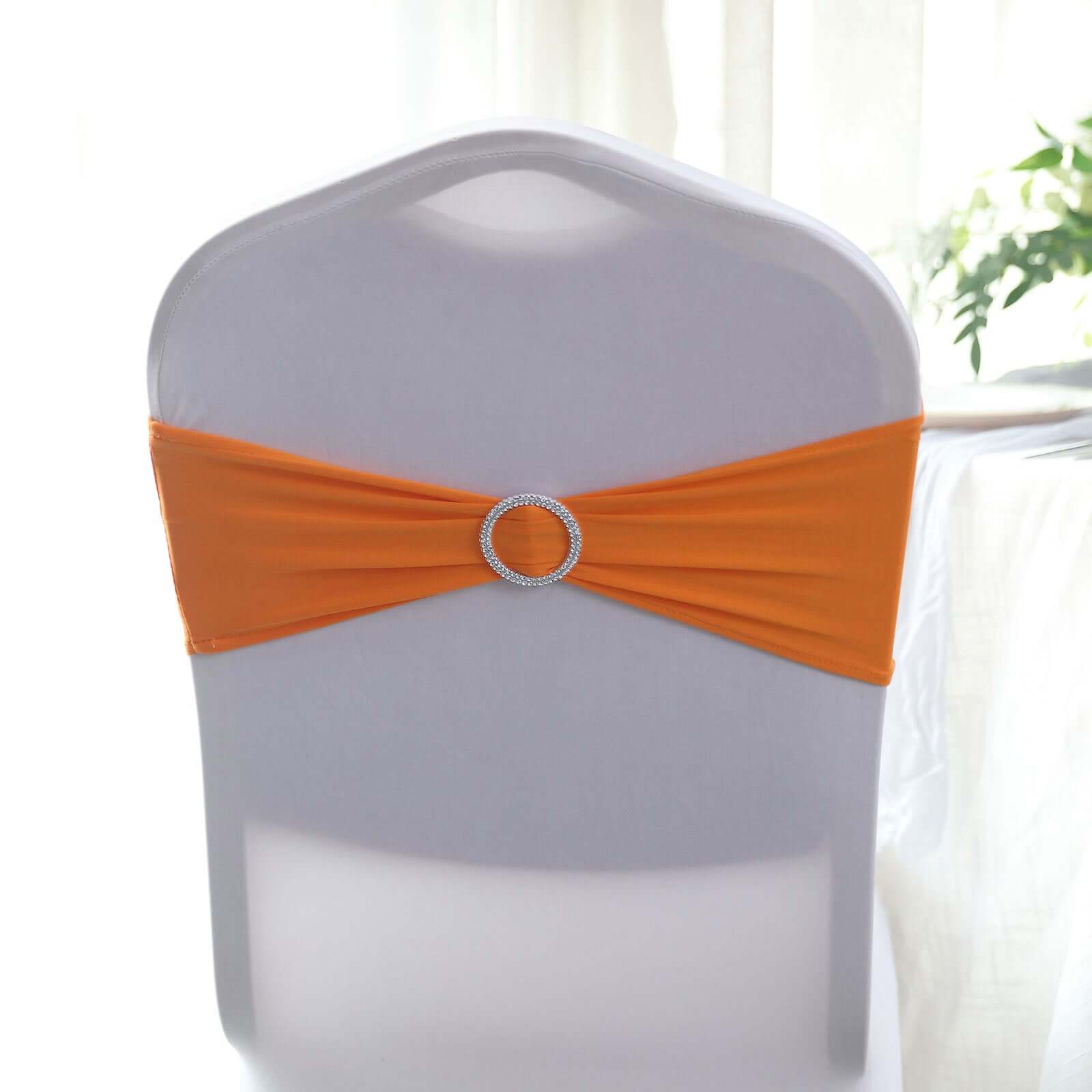 5 Pack Stretch Spandex Chair Sashes Orange - Reusable Chair Bands with Silver Diamond Ring Slide Buckle 5"x14"