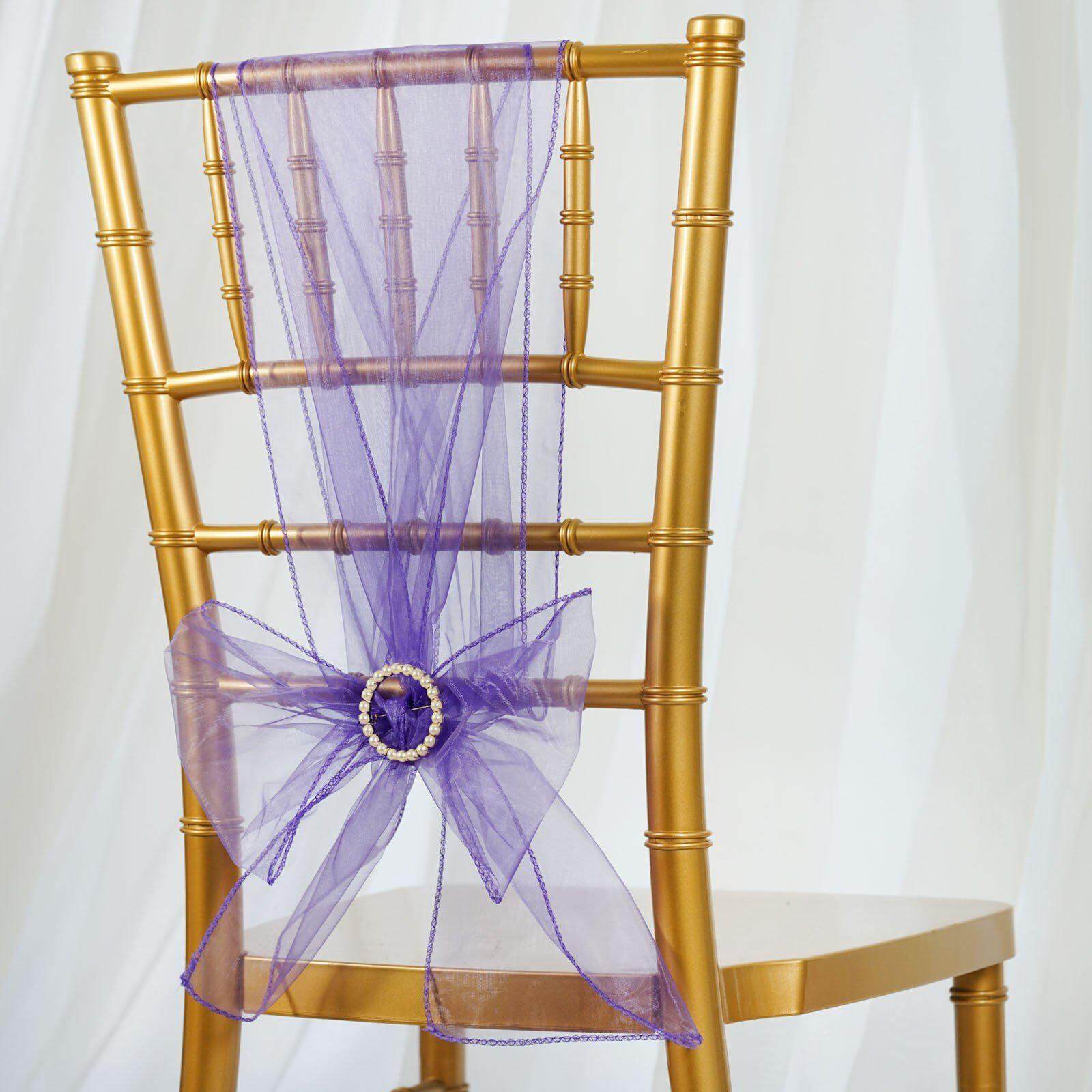 5 Pack Organza Chair Sashes Purple - Reusable Sheer Chair Bows 6"x108"