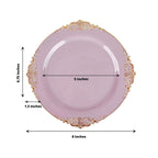 10-Pack Plastic 8" Round Dessert Plates in Lavender Lilac with Gold Leaf Embossed Rim - Disposable Vintage Baroque Style Salad Plates