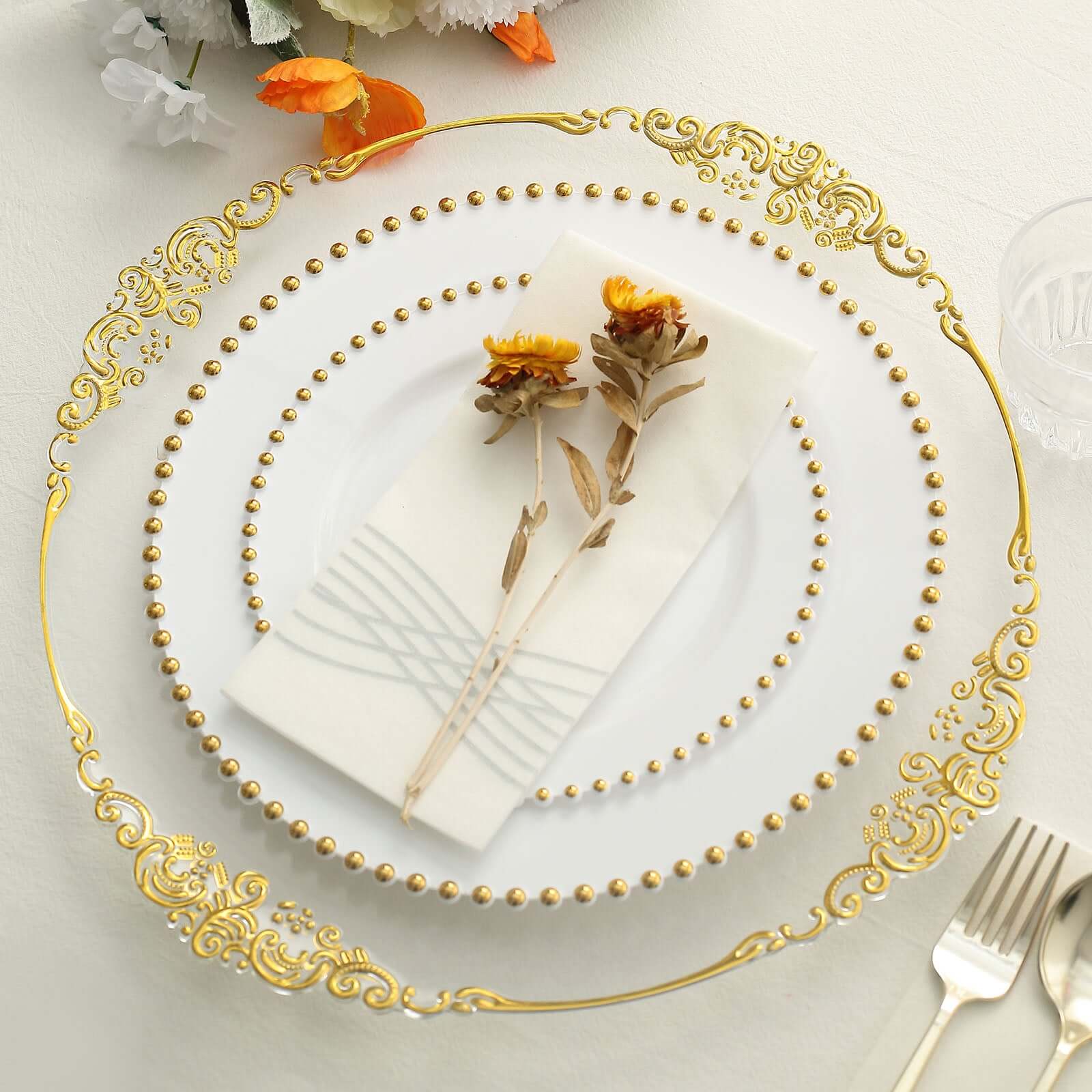 10-Pack White Plastic Dessert Plates â€“ 8" Round with Gold Beaded Rim, Disposable for Parties & Events