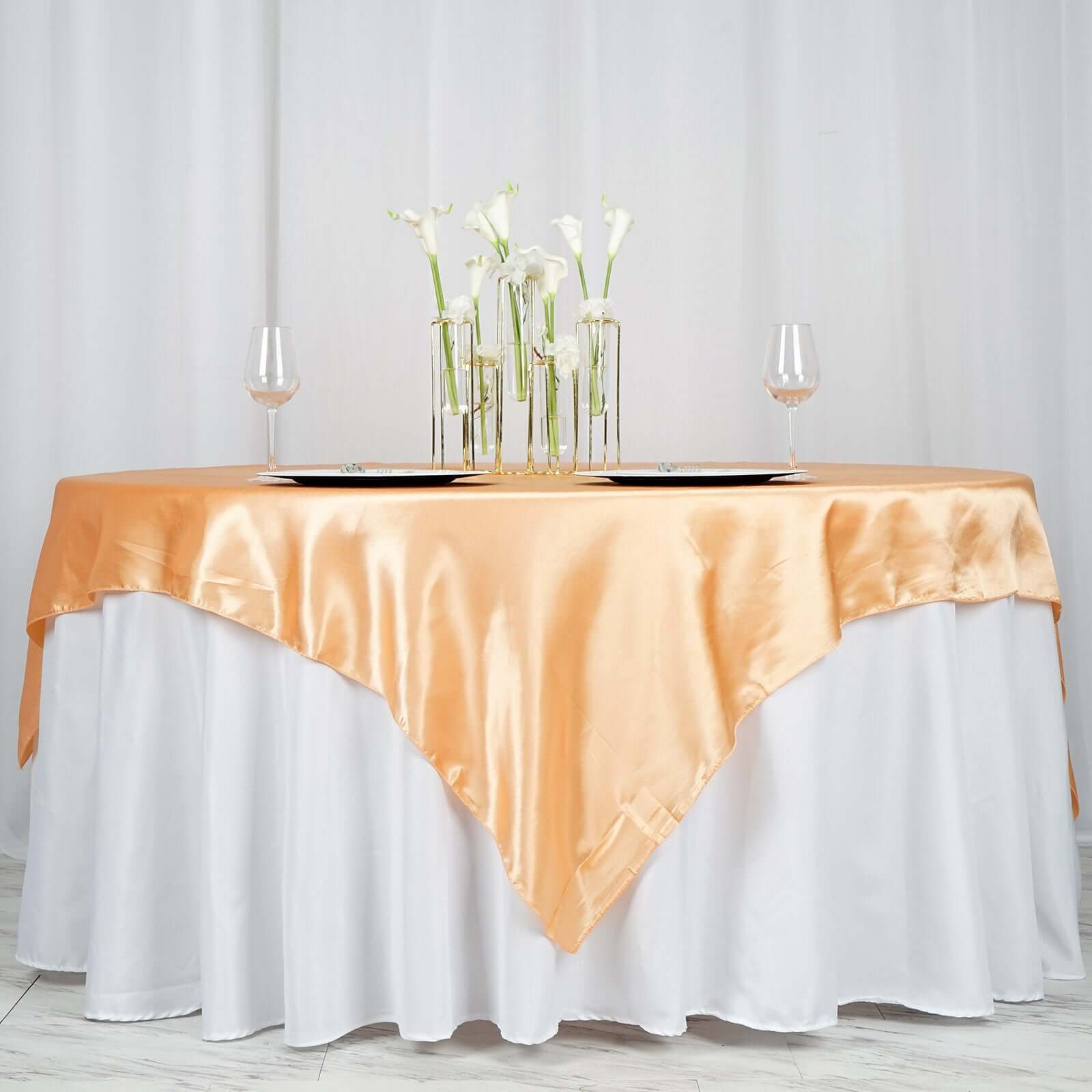 Satin 72"x72" Table Overlay Square Tablecloth Peach - Smooth Finish Table Cover