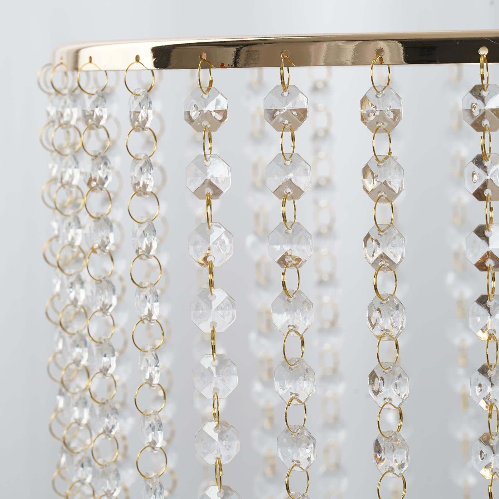 Metal Cake Stand Round Design Metallic Gold with Crystal Chains 14" Dia - Cupcake Dessert Pedestal 8" Tall