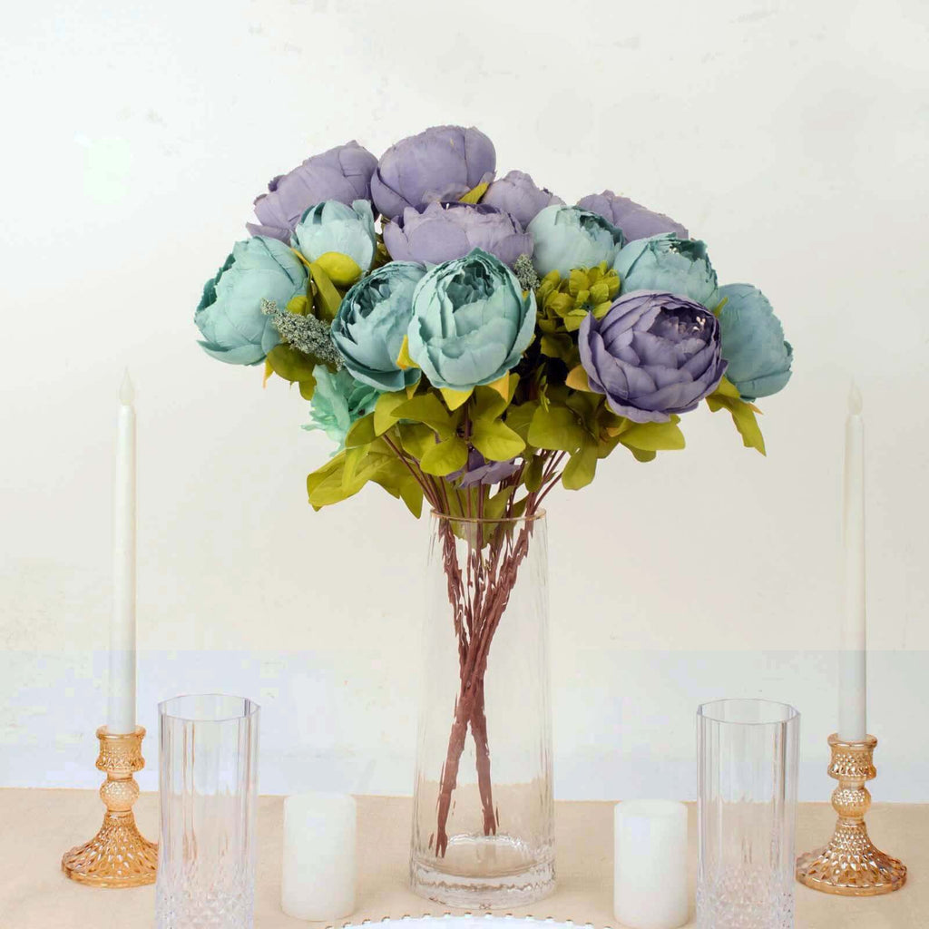 2 Pack 19" Dusty Blue Artificial Peony Flower Wedding Bouquets, Faux Silk Flower Arrangements
