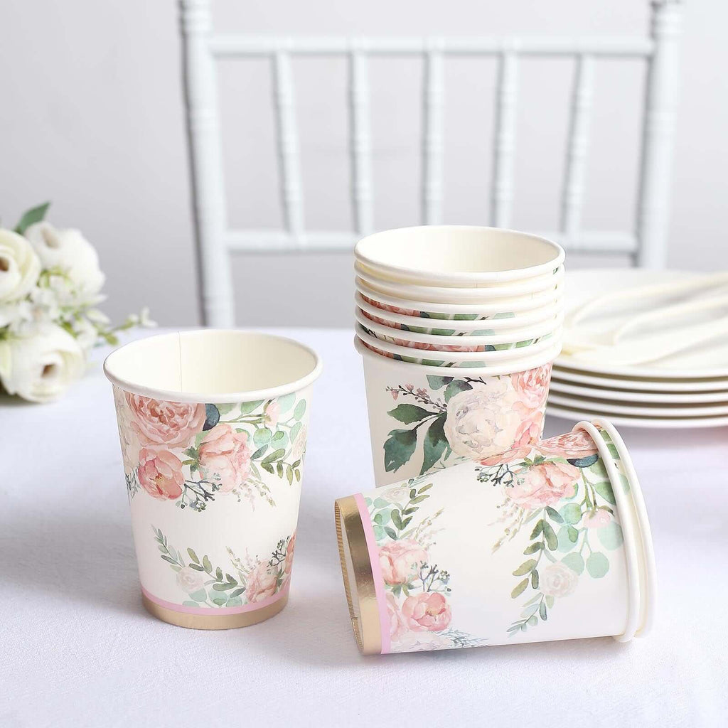 24-Pack Paper Cups in Pink Peony Flower Print with Gold Foil - Chic Disposable Party Cups for Weddings & All Purpose Use 9oz