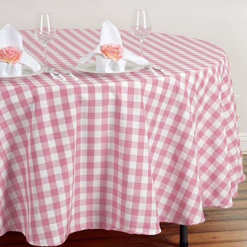 Polyester 108" Round Tablecloth White/Rose Quartz - Checkered Buffalo Plaid Design for Stylish Celebrations