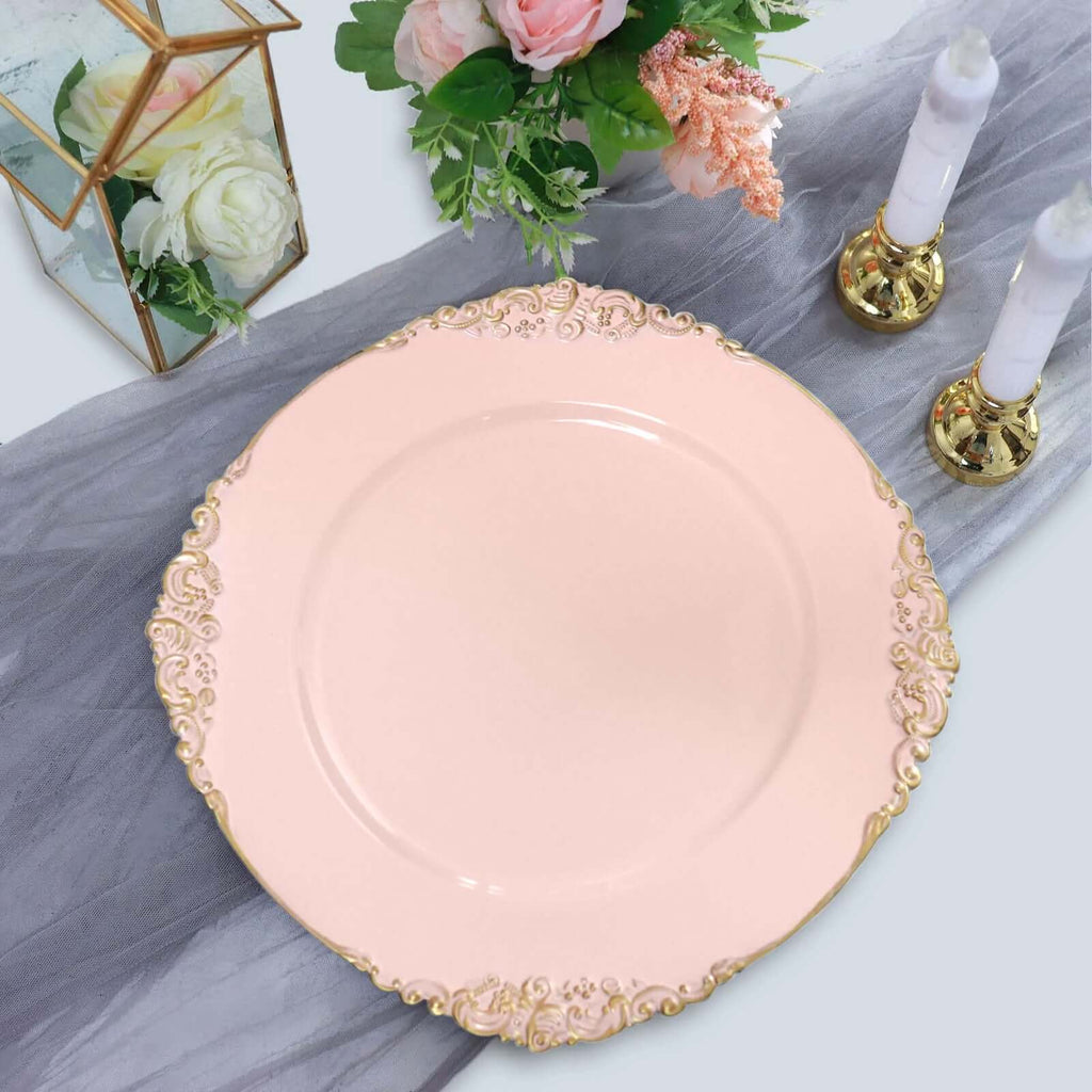 6-Pack Acrylic Round Charger Plates 13" in Blush with Gold Embossed Baroque Rim, Antique Decorative Dinner Party Charger Tableware