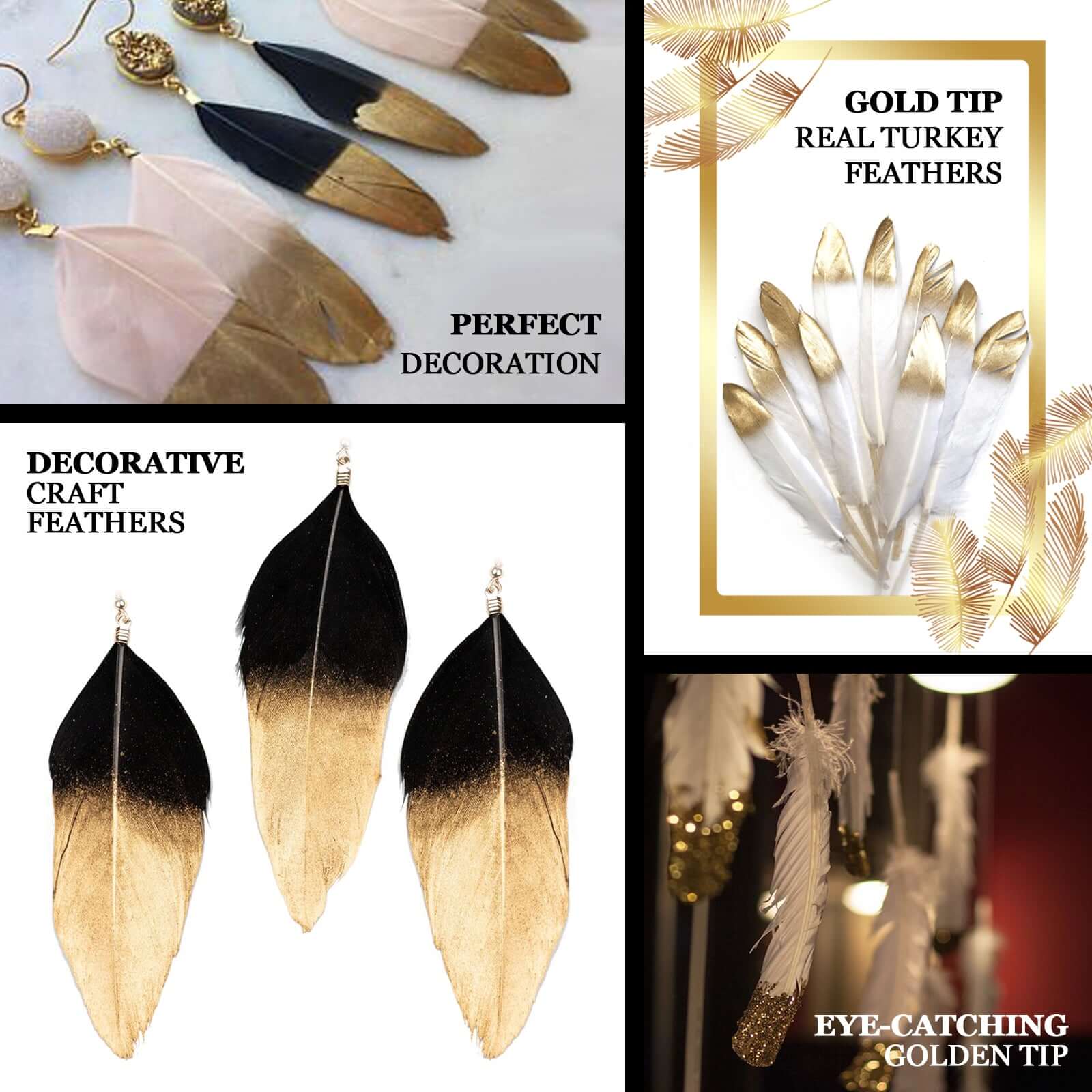 30-Pack Turkey Feathers Craft Feathers Glitter Gold Tip Blush - Decorative Feathers for DIY Party Projects