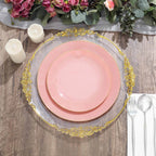 10-Pack Plastic 10" Round Dinner Plates in Dusty Rose with Gold Rim - Glossy Disposable Party Plates