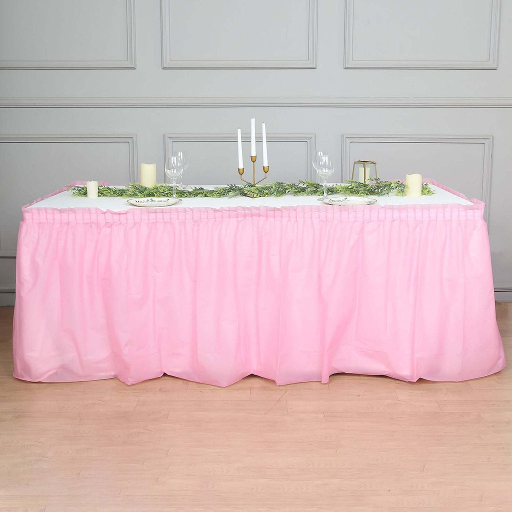 Plastic Table Skirt Pink Ruffled - Durable Disposable Skirt for Events 14ft