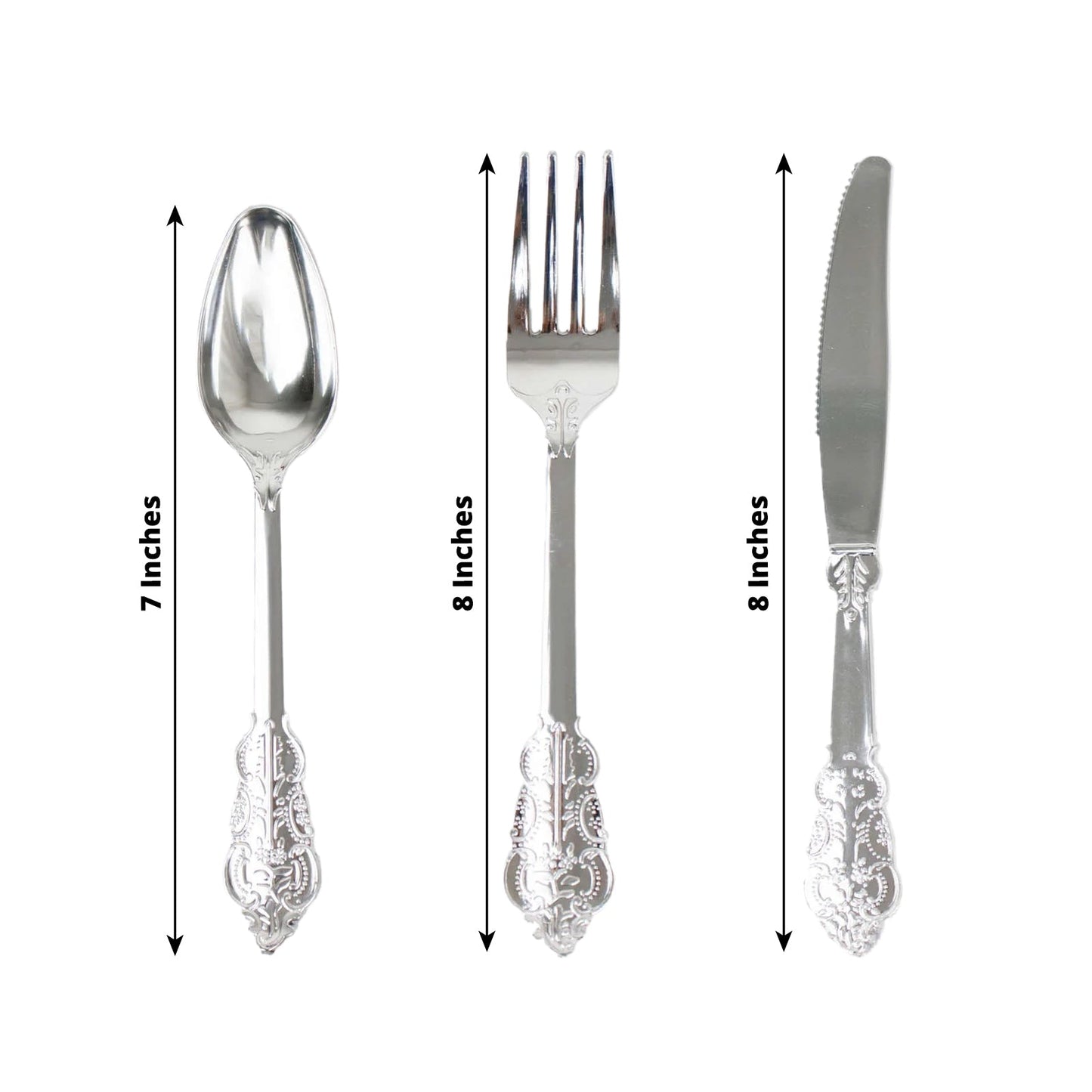 24 Pcs Plastic Silverware Set in Baroque Style Metallic Silver - Heavy Duty Disposable Knife, Fork, and Spoon Set