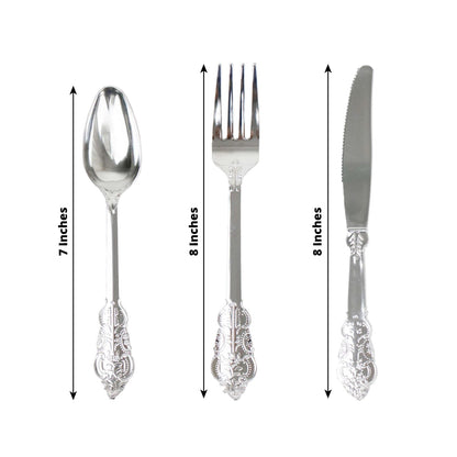24 Pcs Plastic Silverware Set in Baroque Style Metallic Silver - Heavy Duty Disposable Knife, Fork, and Spoon Set
