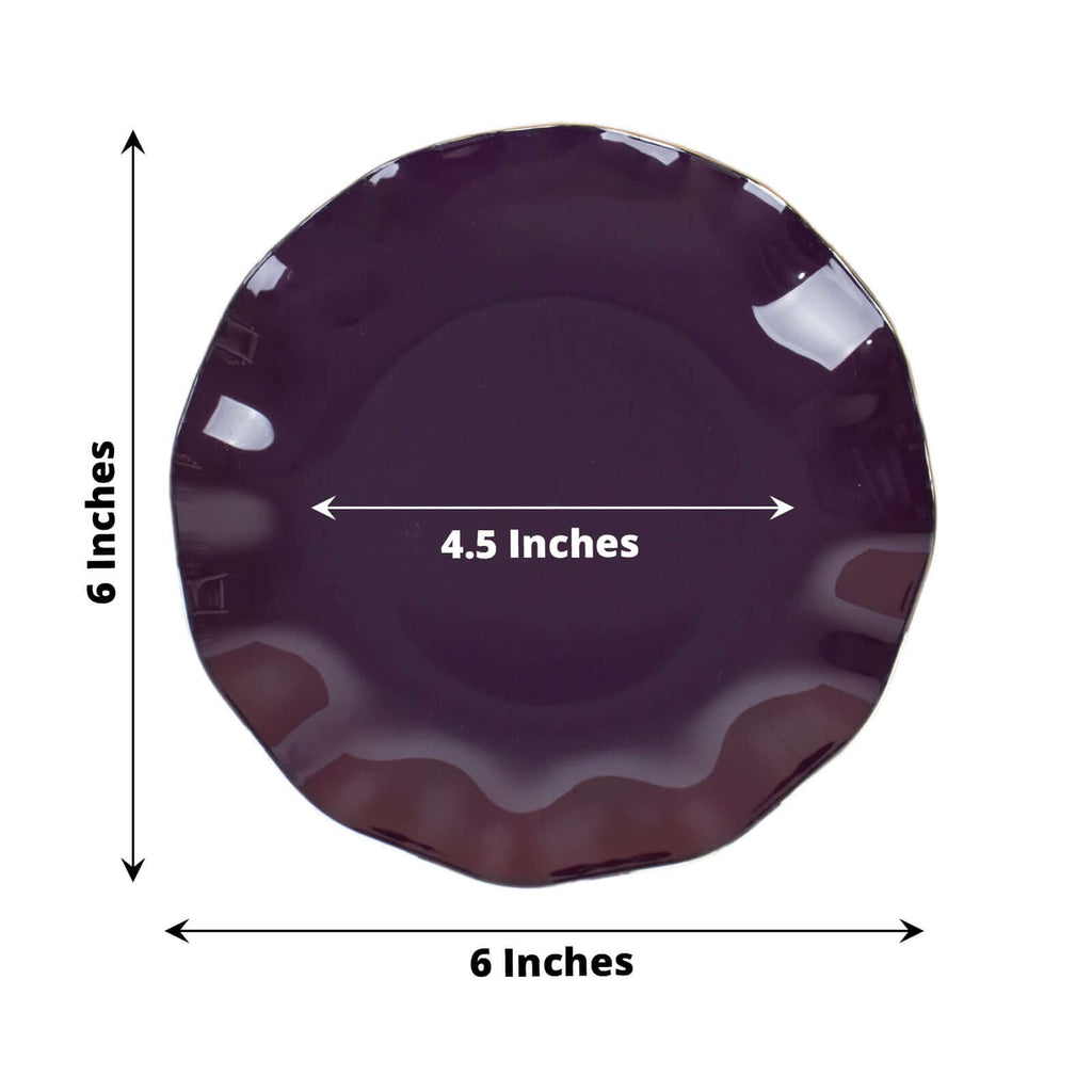 10-Pack Plastic Round 6" Dessert Plates in Purple Ruffled Rim with Gold Edging - Sturdy Disposable Salad Appetizer Dinnerware