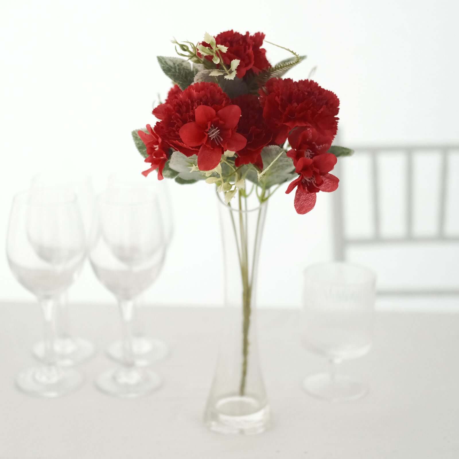 3 Pack 14" Red Artificial Silk Carnation Flower Arrangements, Faux Floral Bouquets Bushes