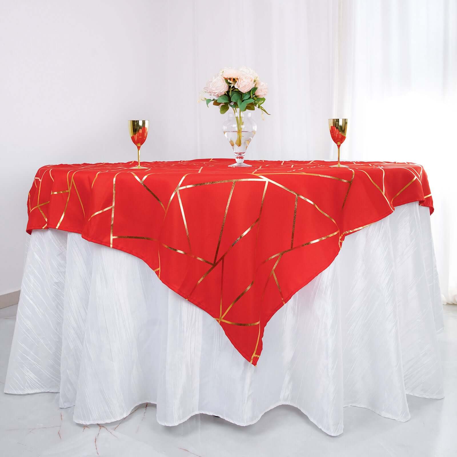Polyester 54"x54" Table Overlay Square Tablecloth Red with Gold Foil Geometric Pattern - Wrinkle-Resistant & Durable Table Topper