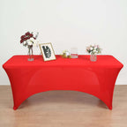 Stretch Spandex 96"x30" Rectangle Table Cover Red with Curved Open Back Design Tailored Professional Look
