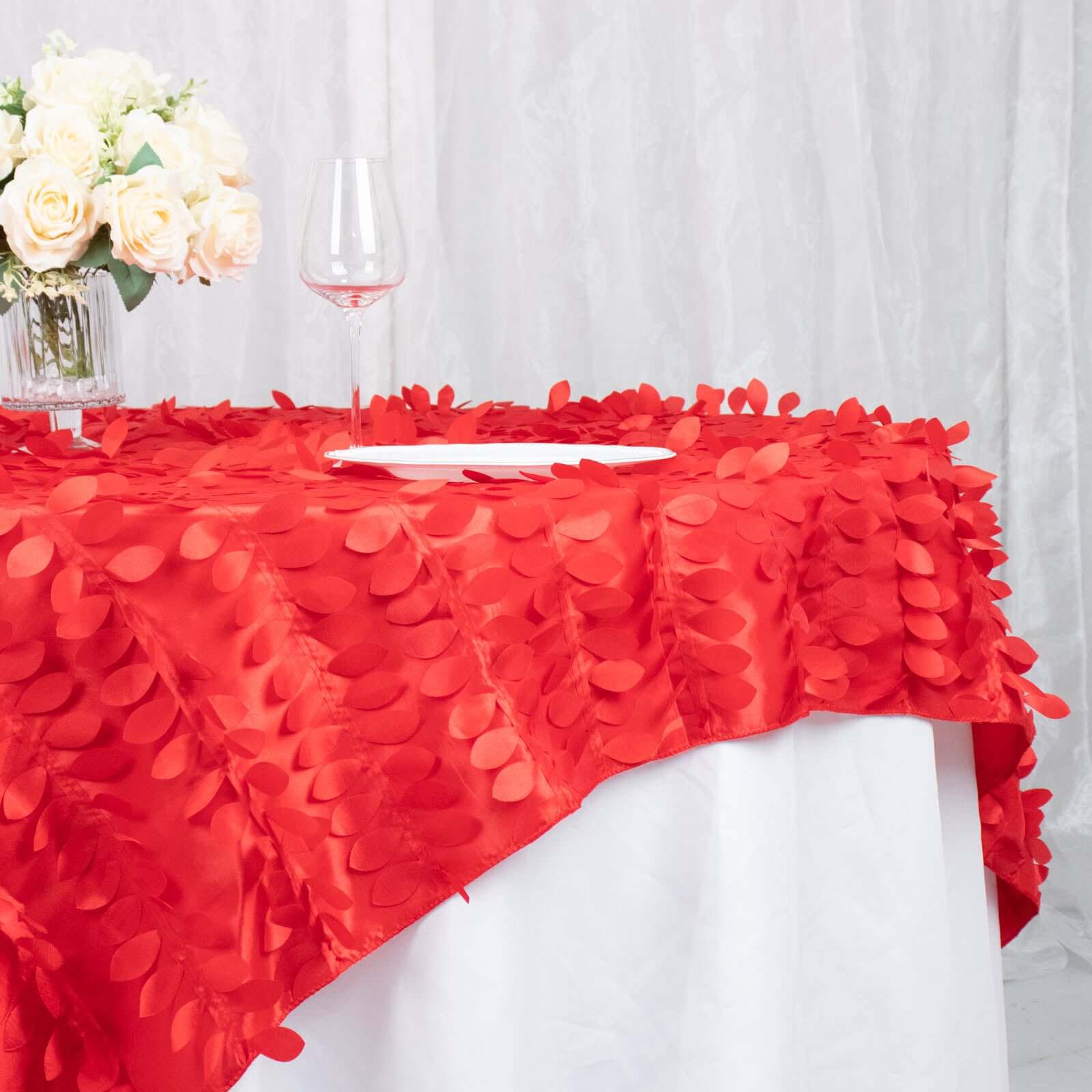Taffeta 72"x72" Table Overlay Square Tablecloth Red - 3D Leaf Petal Table Cover