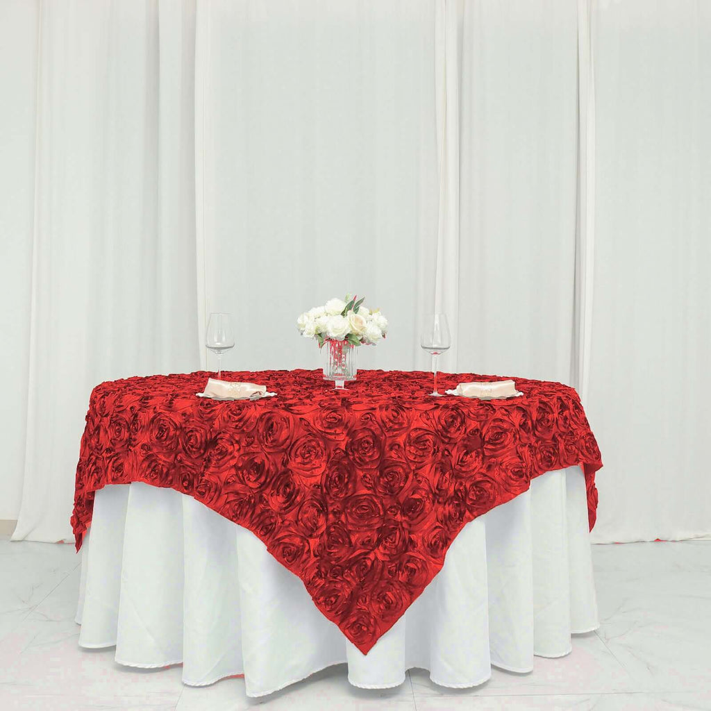 Satin 72"x72" Table Overlay Square Tablecloth Red - 3D Rosette Table Cover