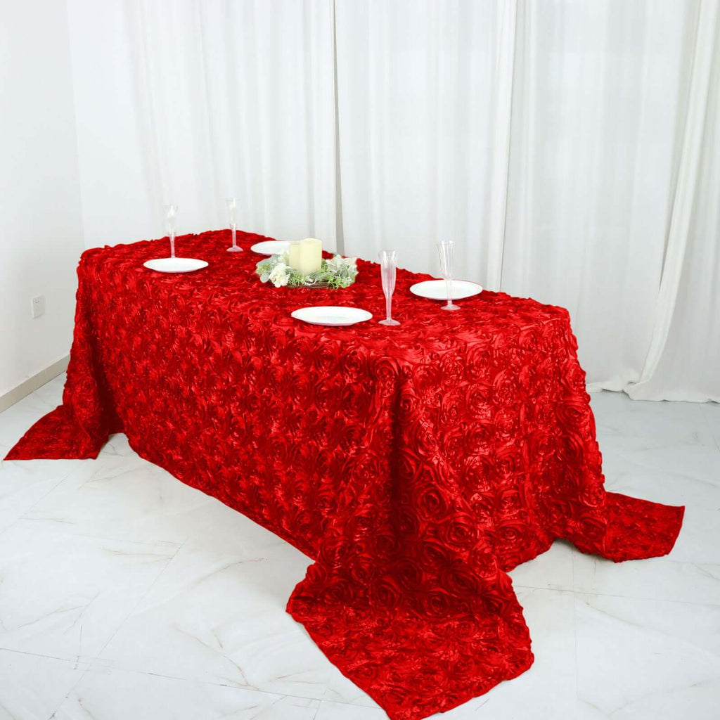 Satin 90"x132" Rectangle Tablecloth Red - Grandiose 3D Rosette Seamless Table Cover