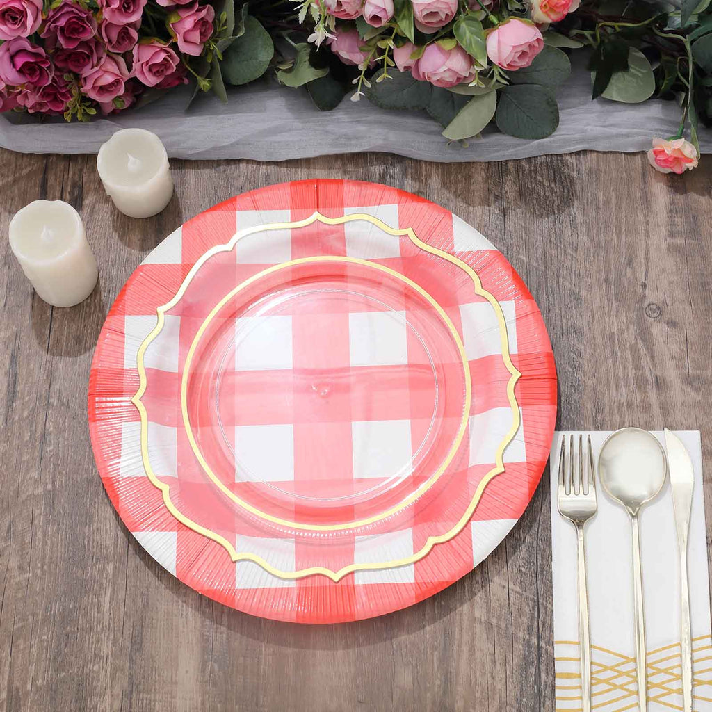 10-Pack Disposable Paper Charger Plates â€“ Red/White Buffalo Plaid 13" Round Table Chargers, 350 GSM Cardstock
