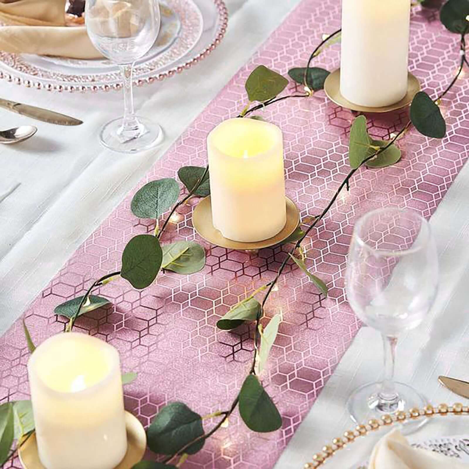 Glitter Paper 9ft Table Runner Roll Rose Gold Disposable Geometric Honeycomb Pattern - Stylish Table Decor